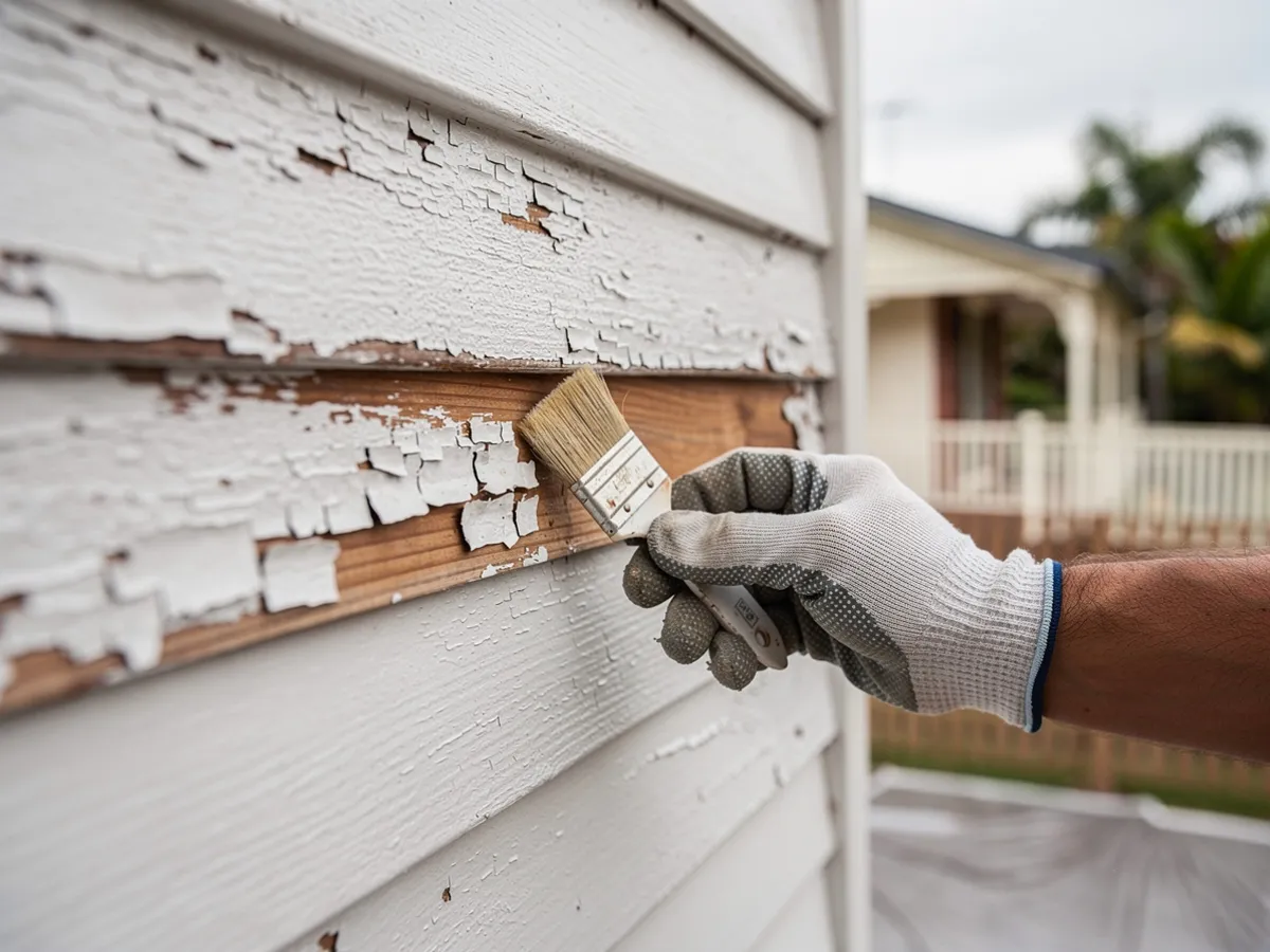 Testing for lead paint on a flaking coastal weatherboard before prep