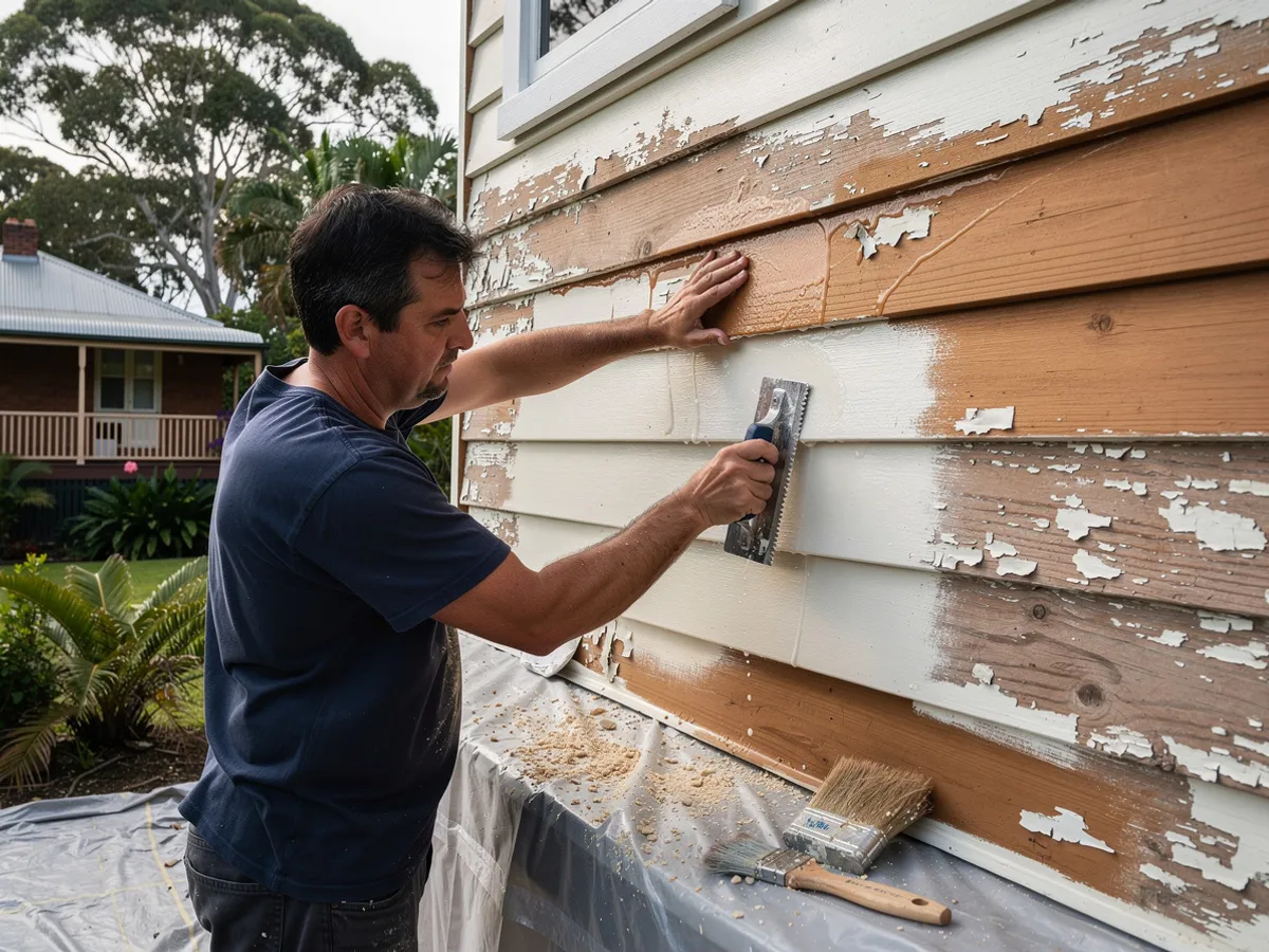 Lead-safe wet-scraping a coastal weatherboard back to sound timber over containment sheeting