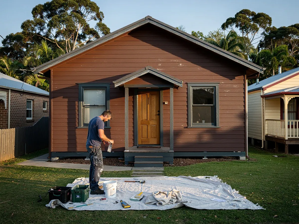 The same Lennox Head weatherboard home before repainting, in a dated faded mission-brown scheme flaking back to bare timber