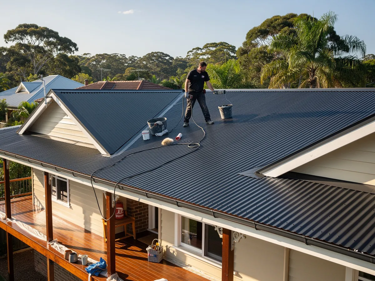 A restored Colorbond roof on a Byron Bay home in a clean charcoal membrane