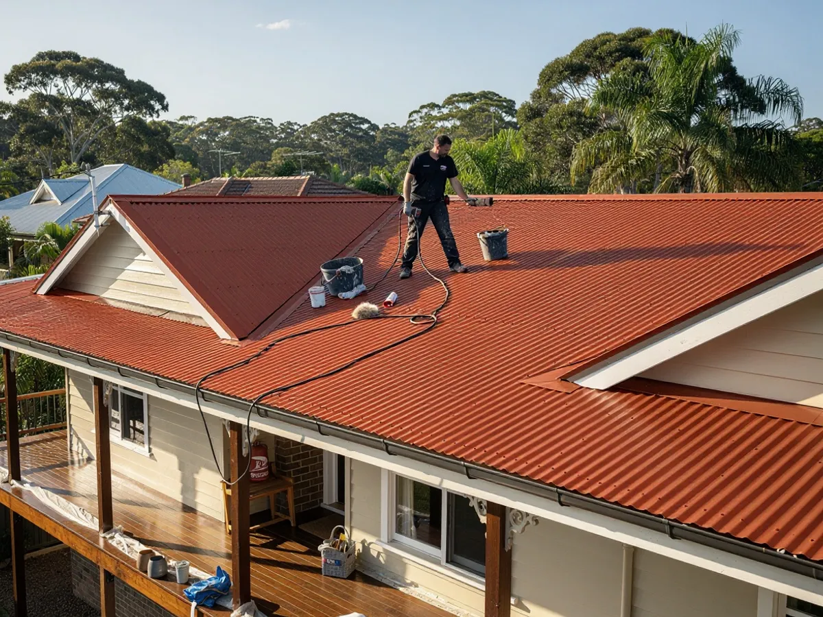 The same Byron Bay steel roof before restoration, an old faded terracotta-red, chalky with surface rust